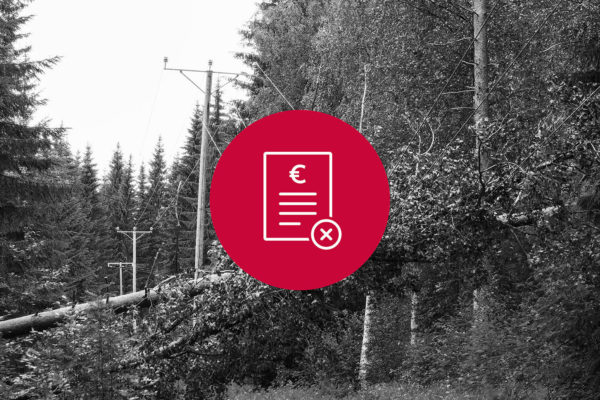 Kuvituskuva, jossa punainen laskua kuvaava ikoni ja taustalla sähkölinjalle kaatunut puu