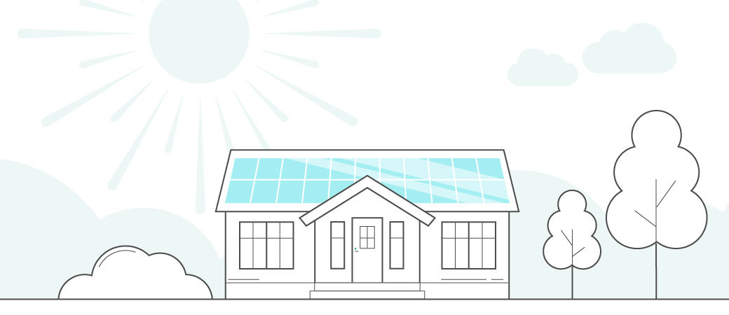 Kuvituskuva, jossa aurinkopaneelit talon katolla